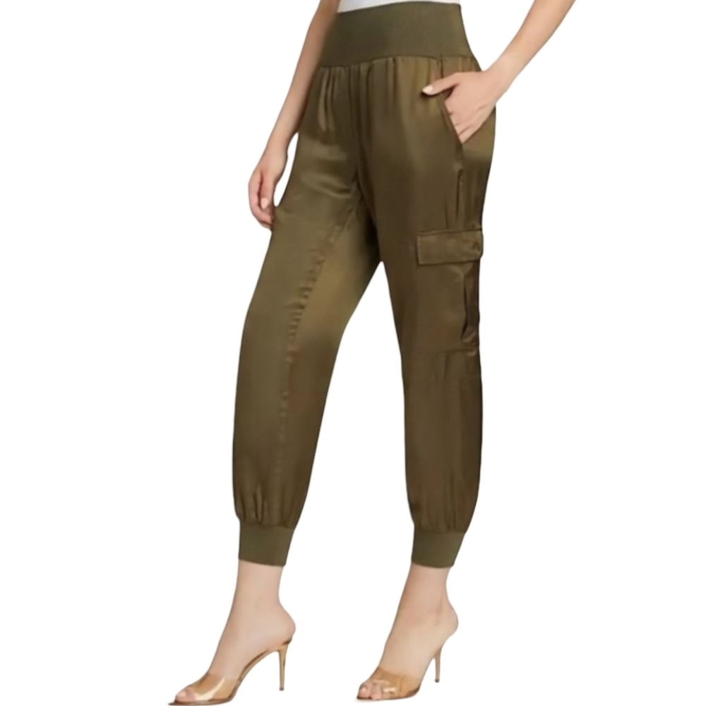 CINQ à SEPT Luxe Satin Cargo Utility Joggers Giles Pants Olive Green In Sz S